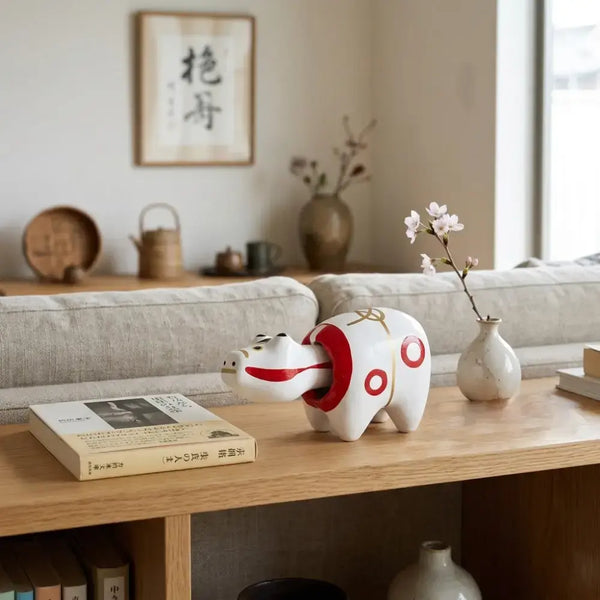 Akabeko 白色幸運牛雕像手工製作日本 家庭