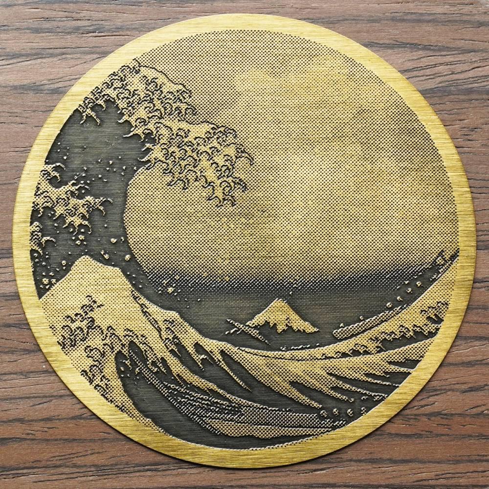 黃銅木杯墊浮世繪神奈川巨浪設計