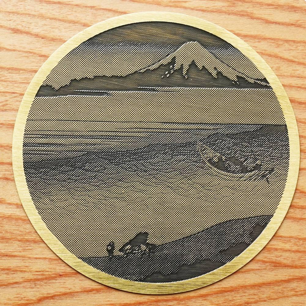 黃銅木杯墊 浮世繪 玉川河和富士山設計