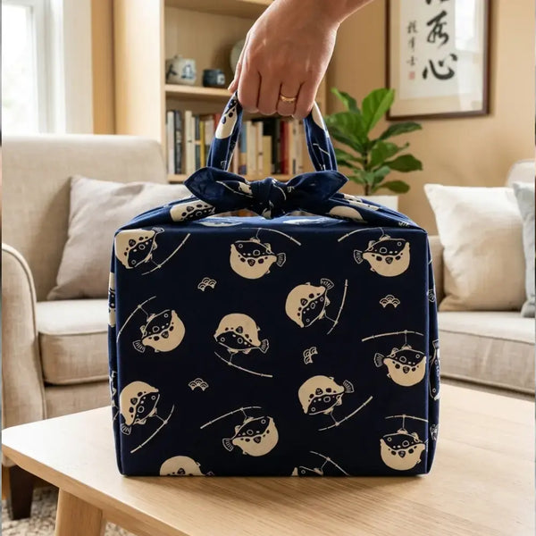 風呂敷河豚大號藍色棉質包裹布 90 厘米