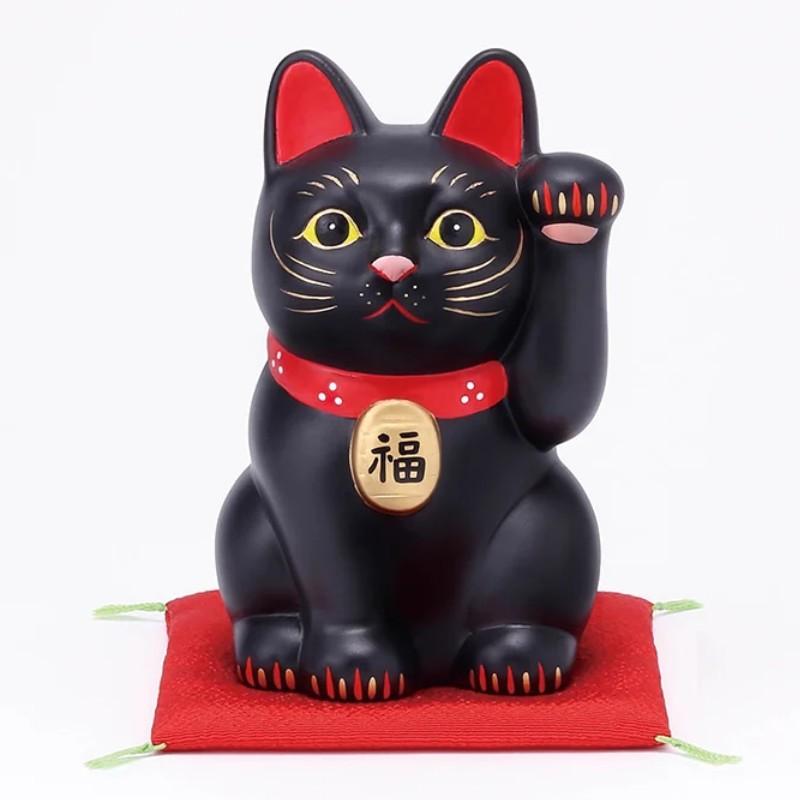 手工日本招財貓招財貓陶瓷雕像黑色 12.5 厘米