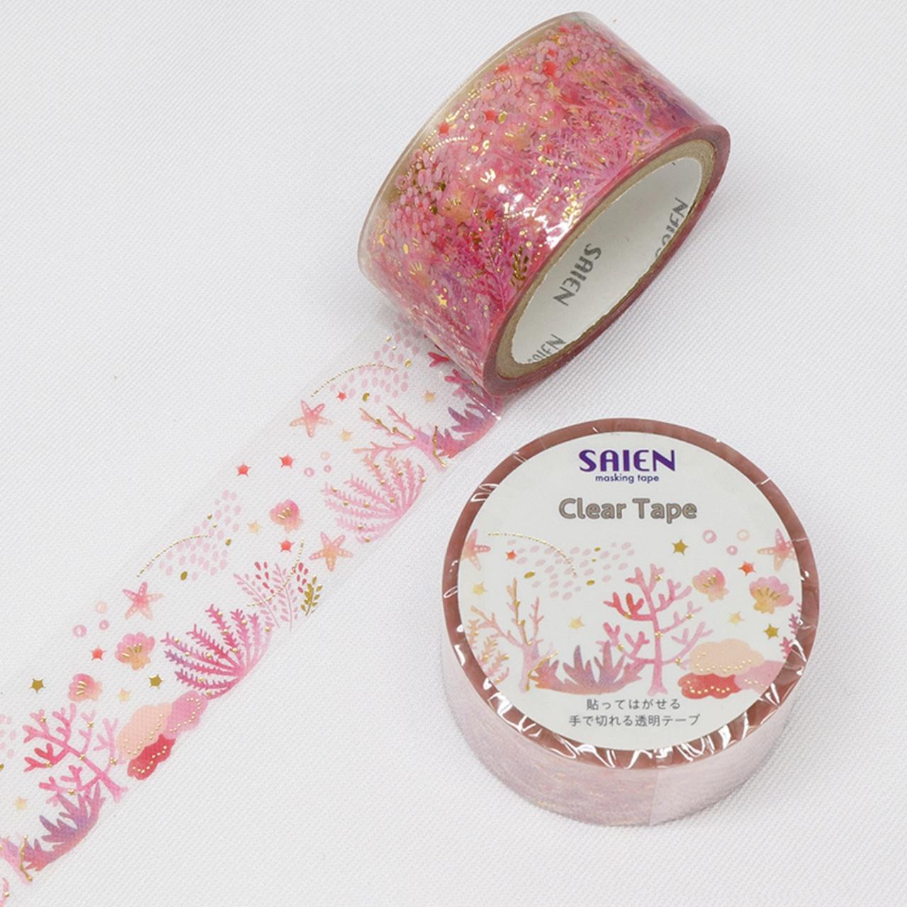 Kamiiso Saien 和紙膠帶 粉紅色珊瑚圖案配金色透明膠帶 20 毫米
