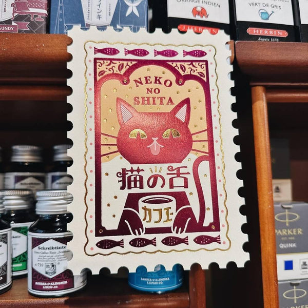 復古郵票形狀明信片鋁箔貓咖啡館設計