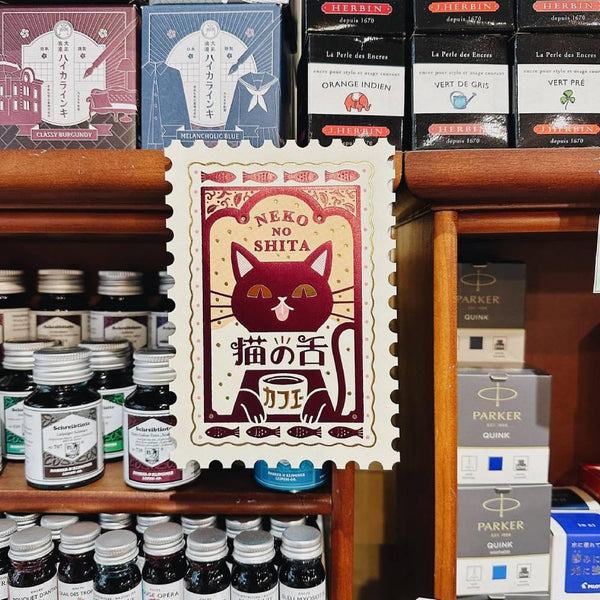 復古郵票形狀明信片鋁箔貓咖啡館設計