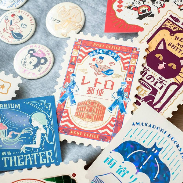 復古郵票形狀明信片鋁箔貓咖啡館設計